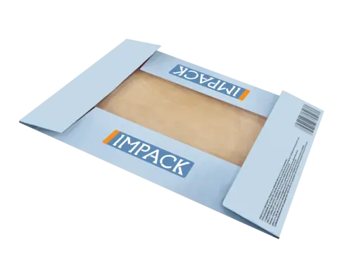 Ilustración de una caja de cuatro esquinas parcialmente plegada, con solapas levantadas y el logotipo de IMPACK.