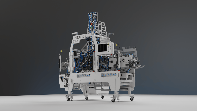 Inversor automático de lotes MFA de IMPACK, diseñado para girar y reorientar lotes de productos dentro de una línea automatizada de empaque. 