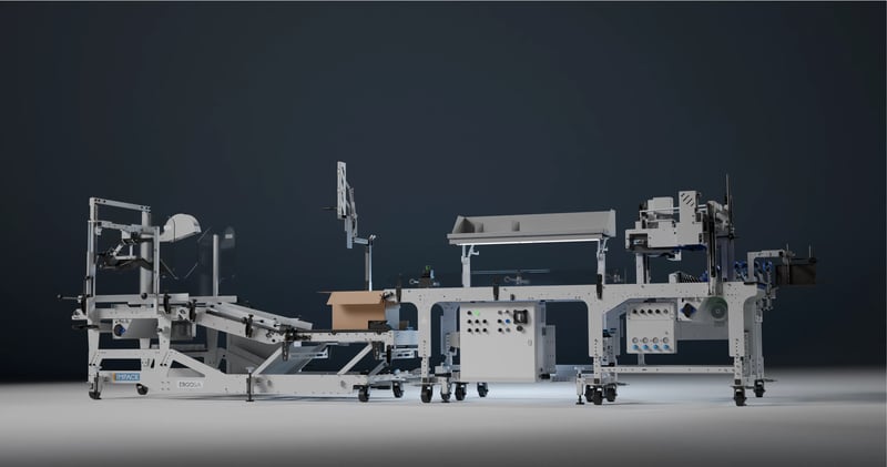 Vista completa de la máquina ERGOSA de IMPACK, con sistema transportador, módulo de separación de productos y estación automática de encajado.
