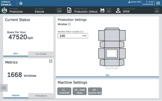 Piattaforma di automazione IMPACK, HMI GENIECUT, schermata dello stato di produzione
