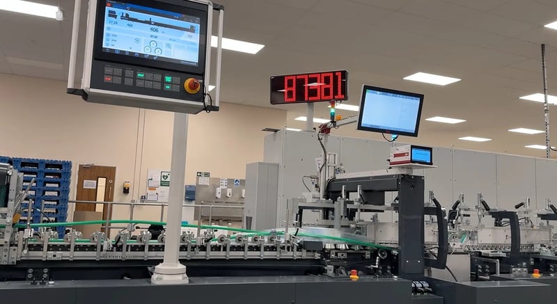 K&B Folder-gluer screen shows a speed of 87,381 cartons per hour