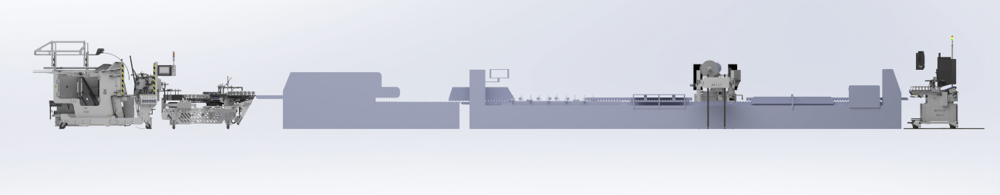 3D of Virtuo packer, or image of Virtuo, GenieCut and Prefio on a folder-gluer line